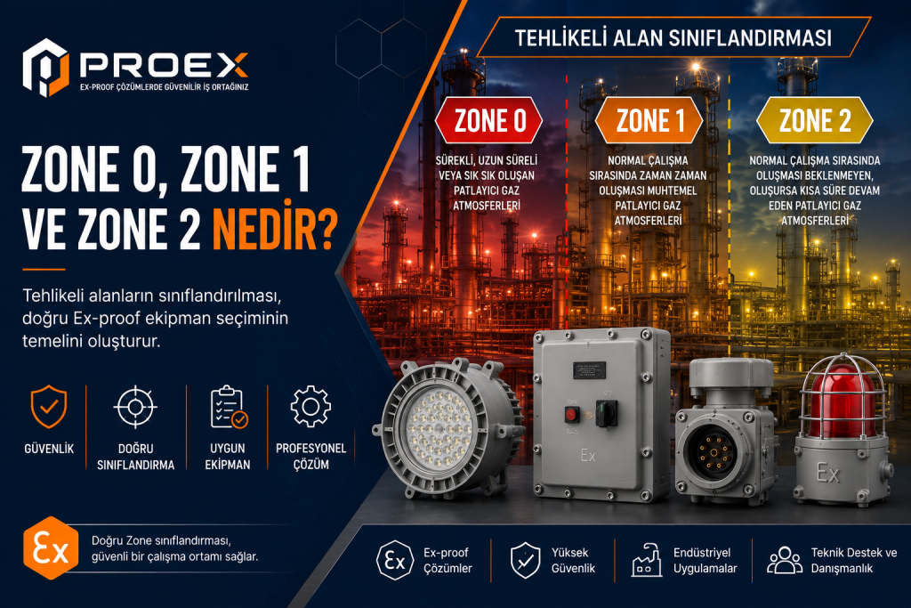 Zone 0, Zone 1 ve Zone 2 nedir? Tehlikeli alan sınıflandırmasını, Zone 20-21-22 bölgelerini ve Ex-proof ekipman seçimine etkilerini öğrenin.