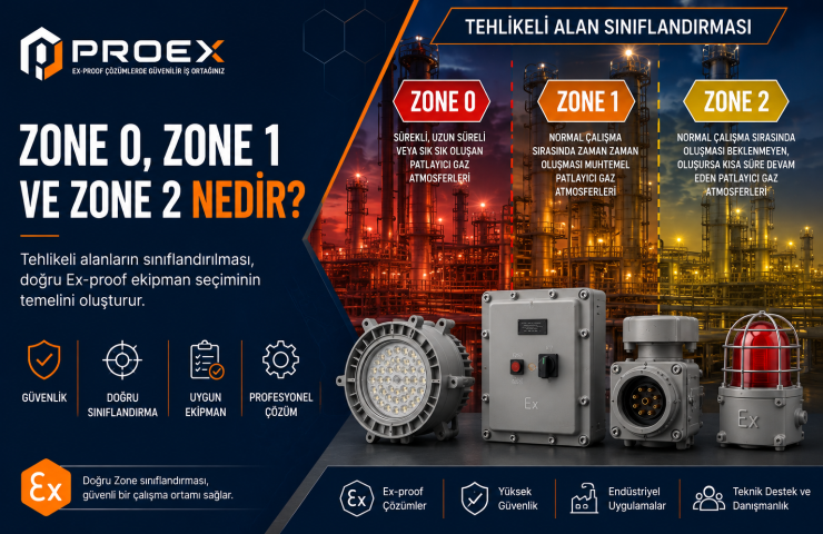 Zone 0, Zone 1 ve Zone 2 nedir? Tehlikeli alan sınıflandırmasını, Zone 20-21-22 bölgelerini ve Ex-proof ekipman seçimine etkilerini öğrenin.